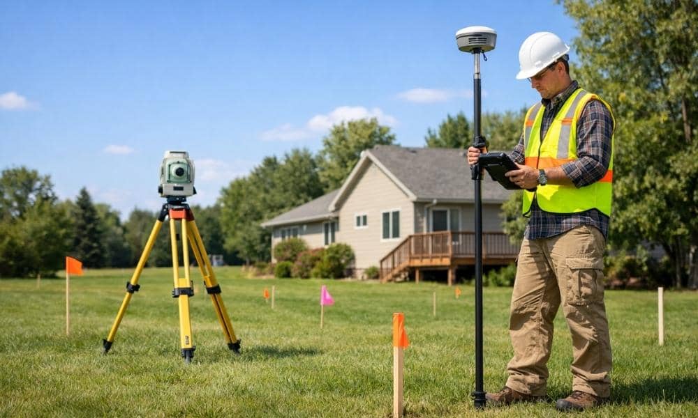 Professional land surveyor using GPS and total station equipment to measure residential property boundaries during the land survey process