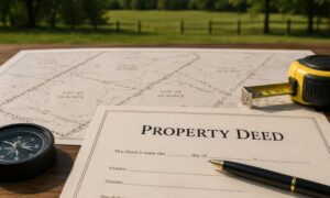 Property deed placed on a land survey map with measuring tools, showing the difference between legal ownership documents and surveyed property boundaries