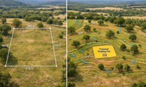Side-by-side comparison of a boundary survey showing property lines and a topographic survey showing contour lines, elevation, drainage, trees, and a proposed building pad.