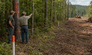 A marked property boundary being checked before timber cutting on an Arkansas forest tract