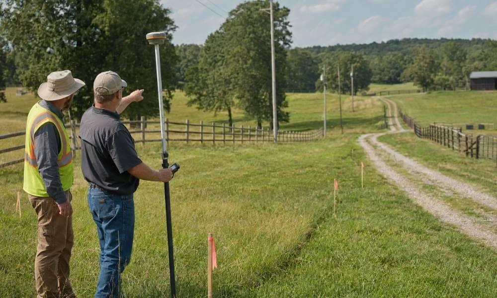 Arkansas utility easement survey - ALTA SURVEY Arkansas A surveyor and landowner review a proposed utility easement across rural Arkansas property