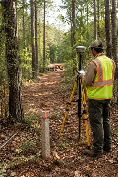Surveyor checking a property boundary in an Arkansas timber area