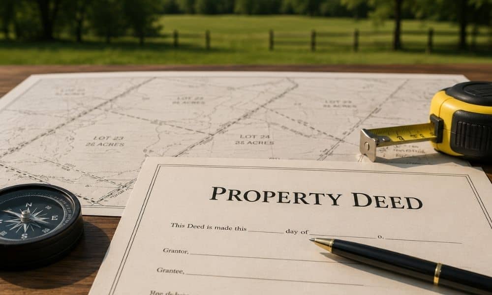 Property deed placed on a land survey map with measuring tools, showing the difference between legal ownership documents and surveyed property boundaries
