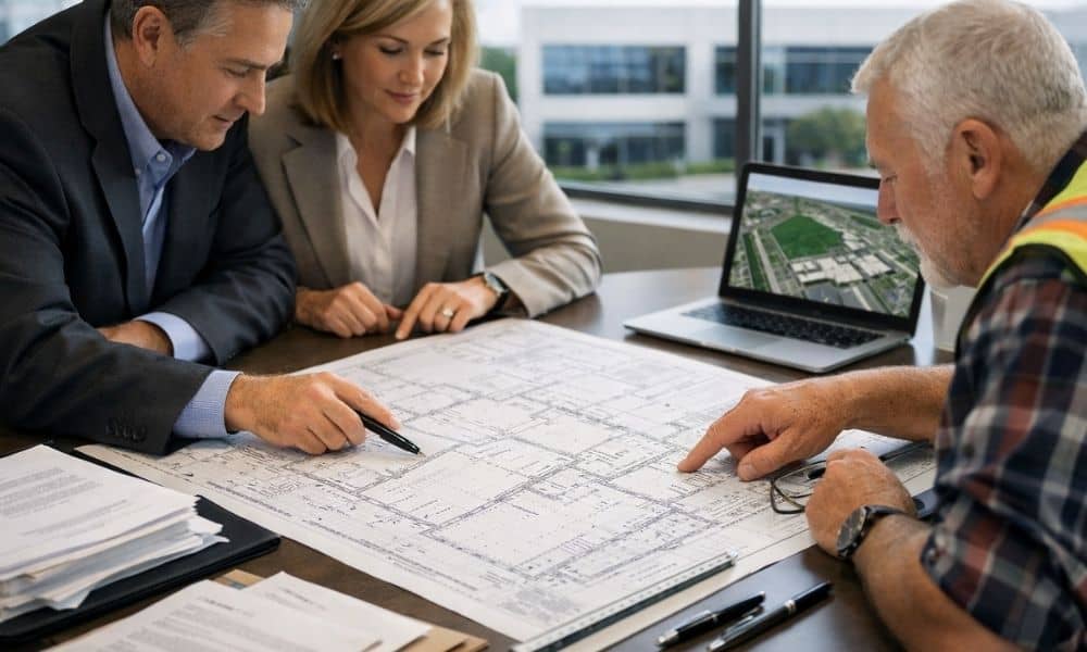 Lender, title company representative, and land surveyor reviewing an ALTA survey and closing documents for a commercial real estate transaction