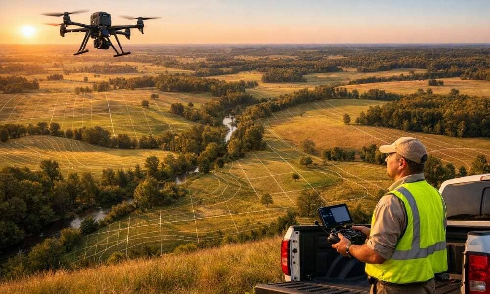 A surveyor monitors a drone survey as it captures aerial mapping data over a large rural property with open fields, wooded areas, and a creek