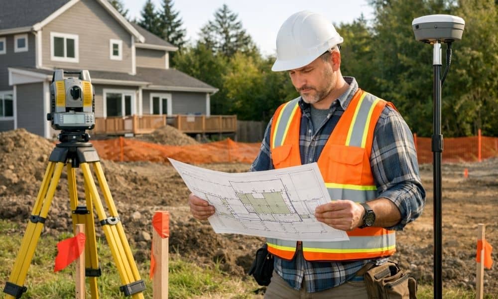 Land survey for residential construction permit - ALTA SURVEY Arkansas A surveyor conducts a land survey on a residential lot with boundary stakes and site plans for a proposed construction project