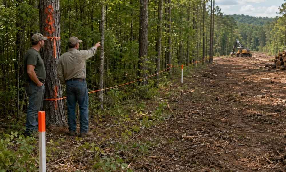 A marked property boundary being checked before timber cutting on an Arkansas forest tract