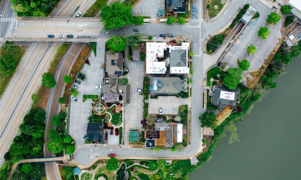 Aerial view of a riverside property for elevation certificate review